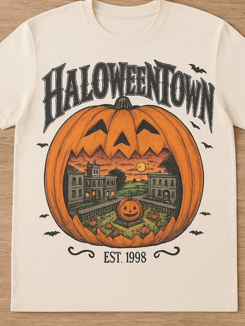 Spooky Pumpkin Town Vintage Halloween Graphic Tee White